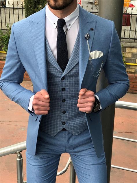 Bluness Slim Fit Patterned Suit Vest Blue Bojoni Designer Suits For