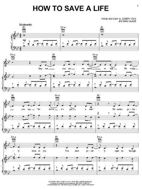 How To Save A Life Sheet Music The Fray Piano Vocal And Guitar