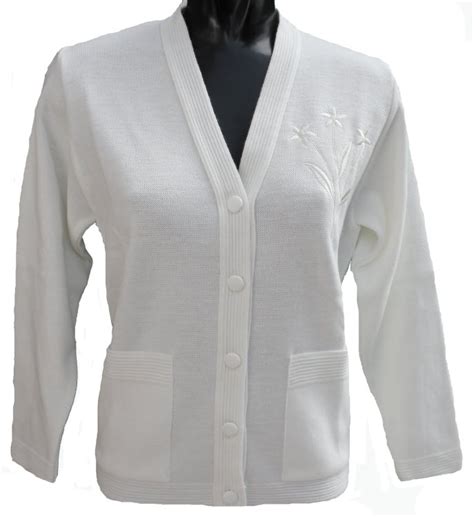 Ladies Long Sleeve Cardigan In White Older Ladies Button Front V
