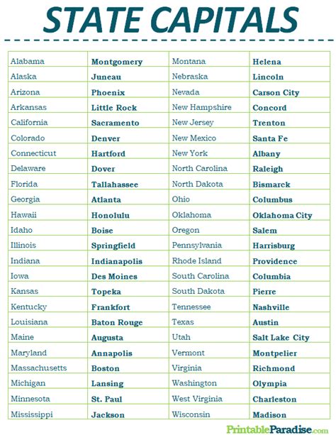 State Capital List Printable