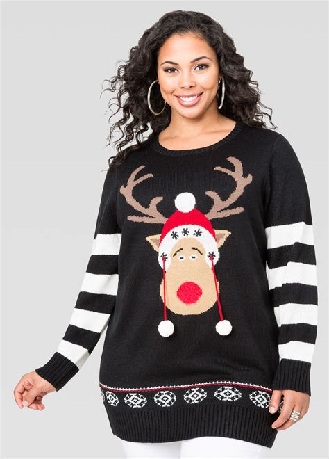 Pom Pom Reindeer Holiday Tunic Sweater Plus Size Ugly Christmas