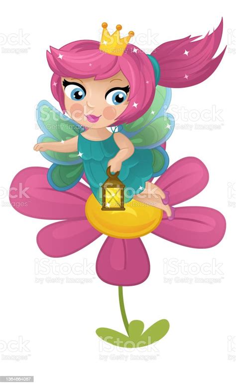 Cartoon Scene With Happy Elf Princess On Flower Stock Illustration