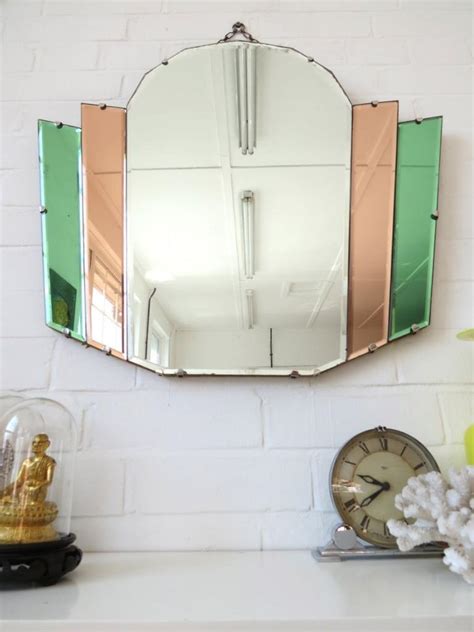vintage art deco bevelled edge wall mirror with colored glass ebay