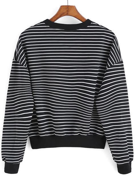 Round Neck Striped Black Sweatshirt Sheinsheinside