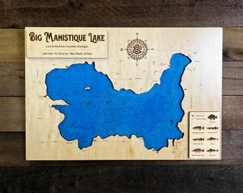Manistique Wood Engraved Lake Map