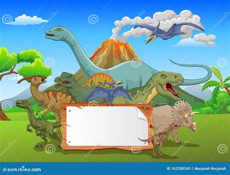 Dinosaur Cartoon With Landscape Background Stock Vector Illustration