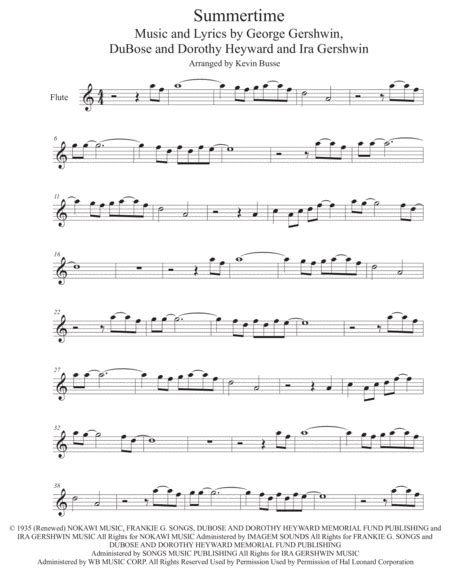 Summertime Easy Key Of C Flute Free Music Sheet