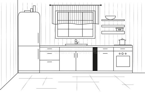 Kitchen Furniture Sketch In Line Style Plan Kitchen Stock