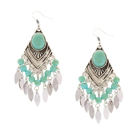 Antique Silver And Crackled Turquoise Chandelier Drop Earrings Drop