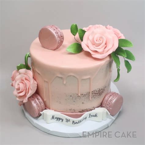 Naked Cake With Pink Drip Sugar Roses And Macarons Empire Cake