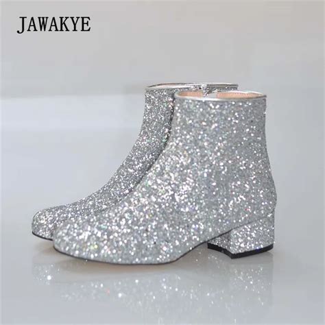 bling bling sequins ankle boots woman round toe chunky heel martin boots women fashion short