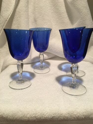 Cobalt Blue 4 Wine Glasses Clear Stem Euc Ebay