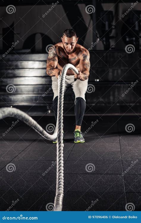 Men With Battle Ropes Exercise Stock Photo Image Of Fitness Lifting