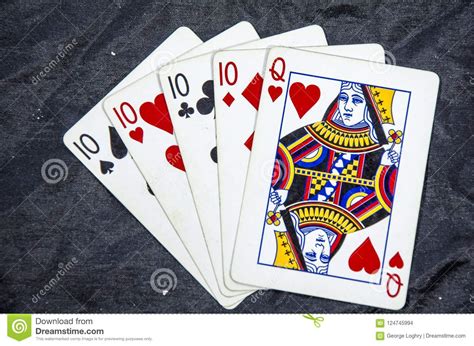 Five Playing Cards Four Of A Kind Tens And A Queen Stock Photo Image