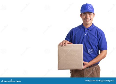 Delivery Man Holding Parcel Box Isolated On White Background Stock