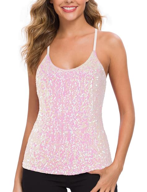 Womens Sequin Tops Glitter Party Strappy Tank Top Sparkle Cami