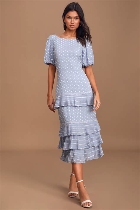Sweet Light Blue Tiered Dress Embroidered Dress Midi Dress Lulus