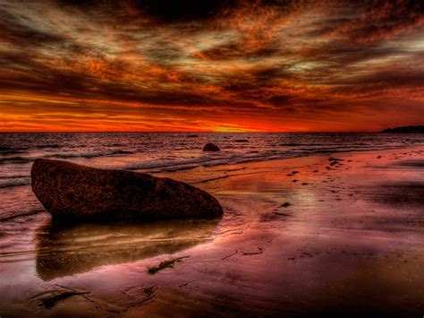 Red Sunset Sky Clouds Sandy Beach Sea Waves Rocks