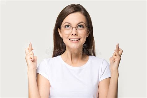 Comical Woman In Glasses Crossing Fingers Asks For Good Luck Stock