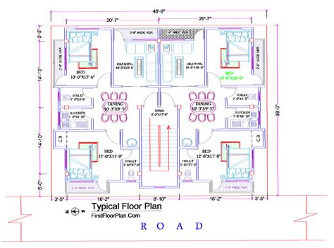 2D Floor Plan in AutoCAD with Dimensions | 38 x 48 | DWG and PDF File gambar png