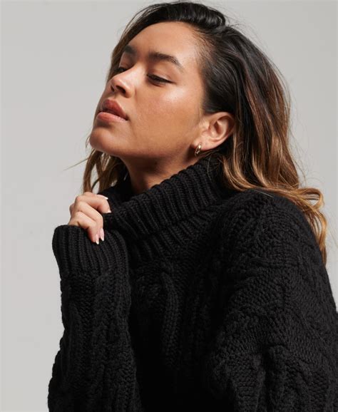 womens cable knit polo neck jumper in black superdry uk