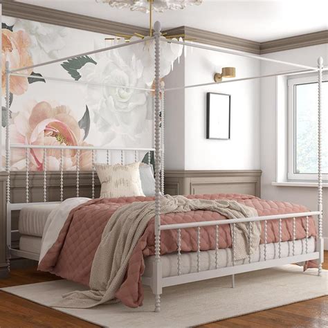 It comes with a sophisticated headboard and footboard and with metal side rails and center legs to. Pemberly Row Metal Canopy Bed in King Size Frame in White ...