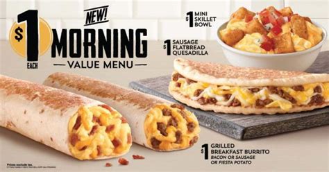 As a result, an increasing number of fast food breakfast burritos have popped up in recent years. Taco Bell Testing Out $1 Breakfast Value Menu - Fast Food Geek