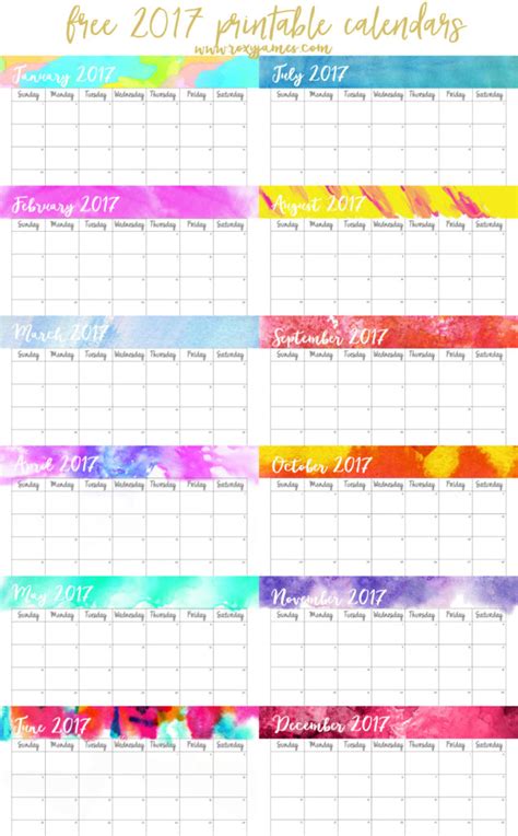 Free calendar printable offers templates for 2021, 2022, 2023, & beyond. FREE 2017 Printable Calendars - Watercolor - Roxy James