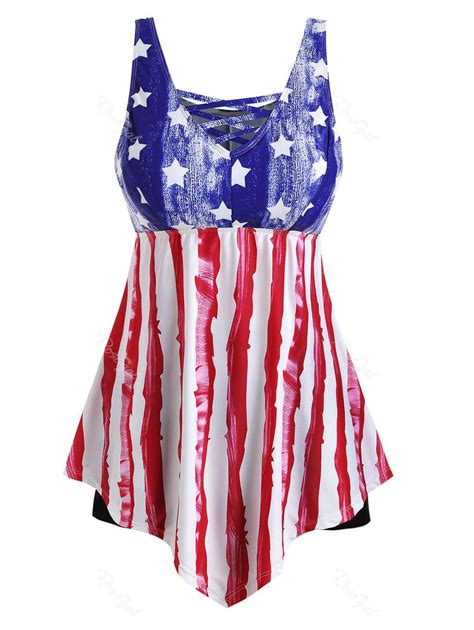 50 Off Contrast Lattice American Flag Plus Size Tankini Swimsuit Rosegal