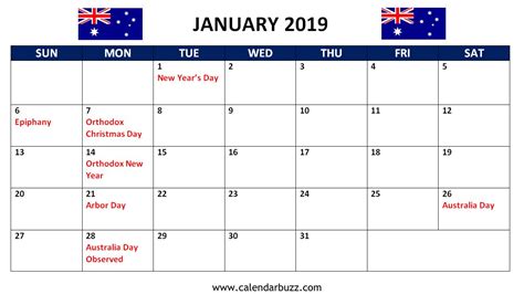 January 2019 Australia Holidays Calendar Holiday Calendar Holiday