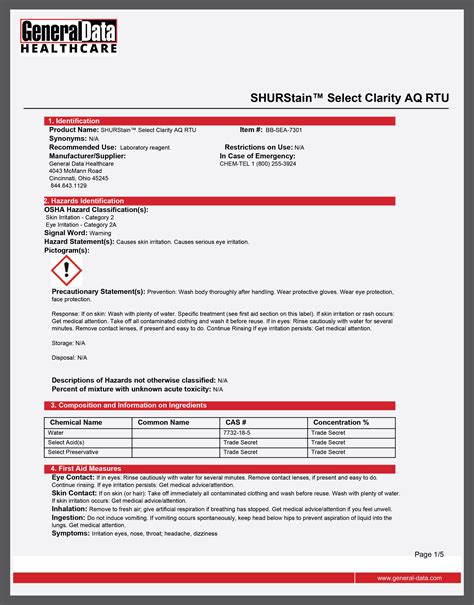 Shurstain Select Clarity Aq Rtu Safety Data Sheet General Data