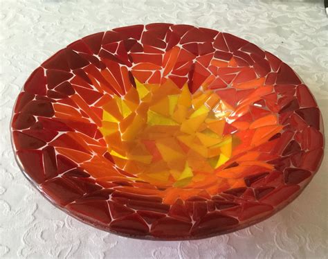 Fused Glass Bowl Scrap Glass In Red Orange And Yellow Fused Glass Dishes Fused Glass