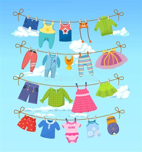 Small Kid Clothes Drying On A Rope Stock Vector Illustration Of