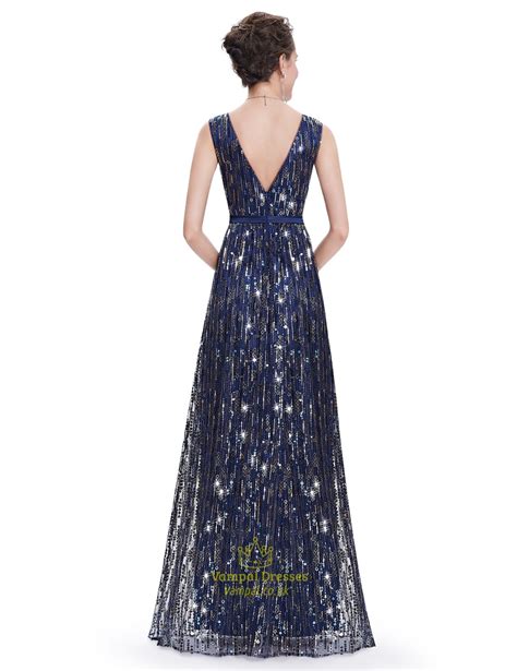 Elegant Navy Blue V Neck Floor Length Sequin Prom Dress Vampal Dresses