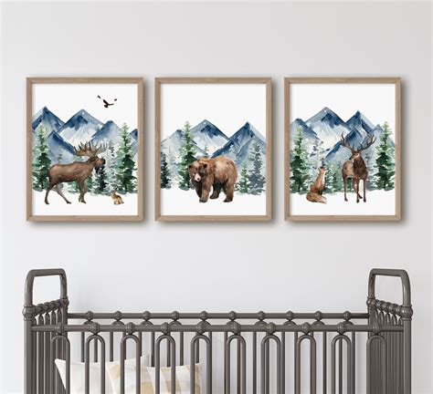 woodland-animal-prints,-boy-woodland-nursery-prints,-mountain-prints,-nursery-wall-art,-woodland