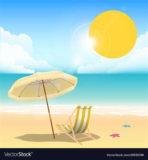 Summer Yellow Beach Umbrella Beach Chair Blue Sea Vector Image