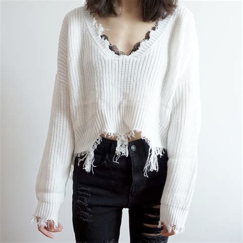 Distressed V Neck Cropped Sweater 2 Colors · Megoosta Fashion · Free