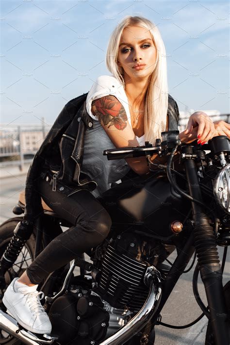 Biker Woman In Leather Jacket On Motorcycle High Quality People Images ~ Creative Market