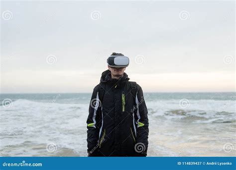 A Man By The Sea In Virtual Reality Glasses Stock Image Image Of