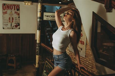 Wallpaper Model Brunette White Tops Jean Shorts Arms Up Arched