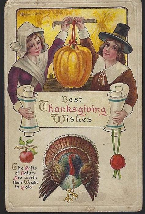 Vintage Thanksgiving Greetings Postcard With Pilgrim Lady Etsy Vintage Thanksgiving
