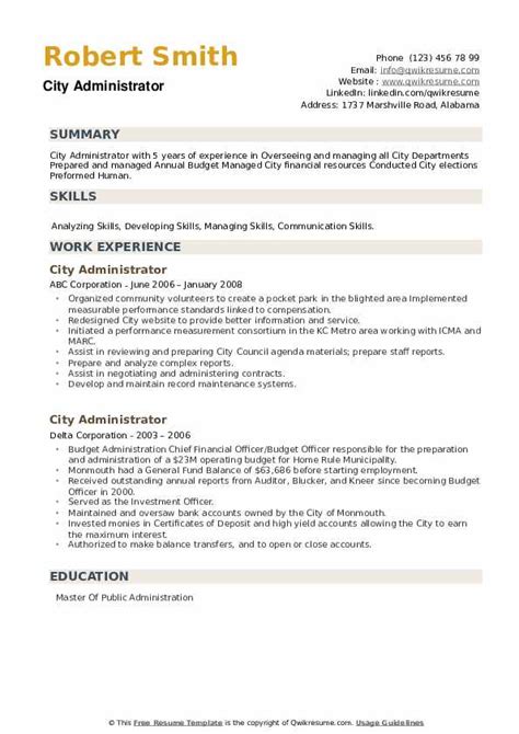 ✓ free for commercial use ✓ high quality images. City Administrator Resume Samples | QwikResume