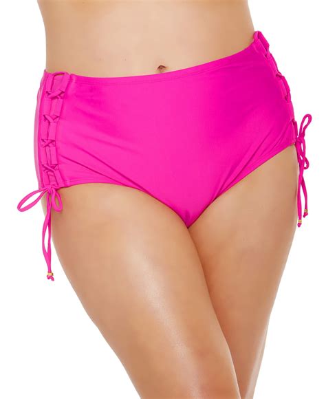 Time And Tru Womens Plus Size High Waisted Solid Bikini Brief Swim Bottom Wlace Up Detail