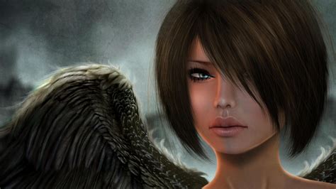 Wallpaper Digital Art Women Fantasy Art Anime Blue Eyes Short Hair Render Wings Angel