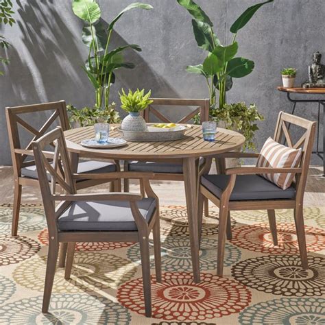 Oakley Outdoor 5 Piece Acacia Wood Round Dining Set With Cushions Gray