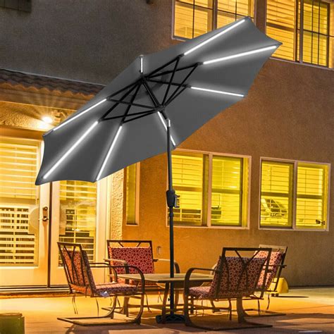 Gymax 9 Ft Patio Waterproof Solar Umbrella Led Light Tilt Gray