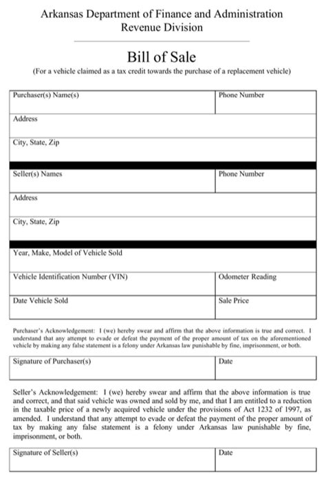 Free Printable Bill Of Sale Arkansas