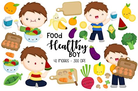 Kids Boy Eating Healthy Food Clipart Illustration Par Inkley Studio