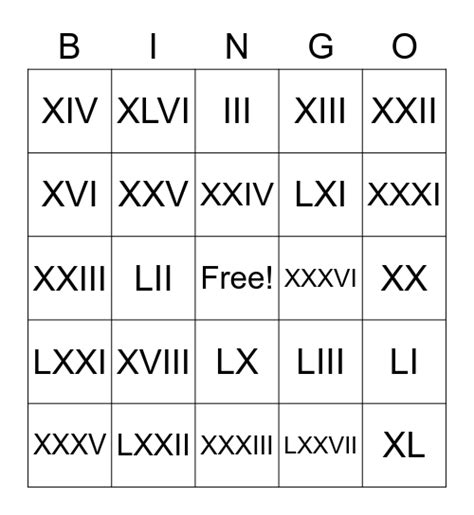 roman numerals bingo card