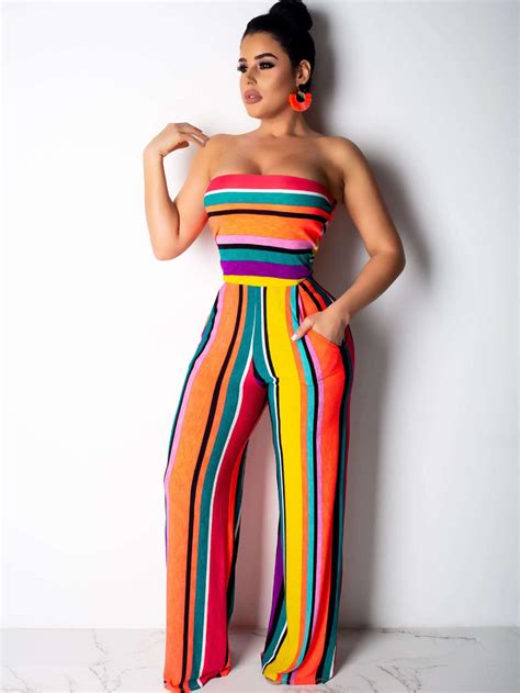 Wholesale Night Club Colorful Striped Strapless Jumpsuit Epa032942oa